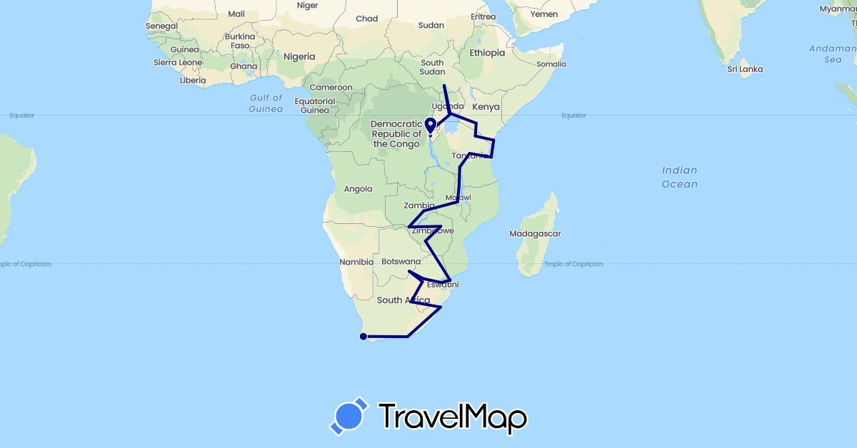 TravelMap itinerary: driving in Burundi, Botswana, Democratic Republic of the Congo, Kenya, Lesotho, Malawi, Mozambique, Rwanda, South Sudan, Swaziland, Tanzania, Uganda, South Africa, Zambia, Zimbabwe (Africa)