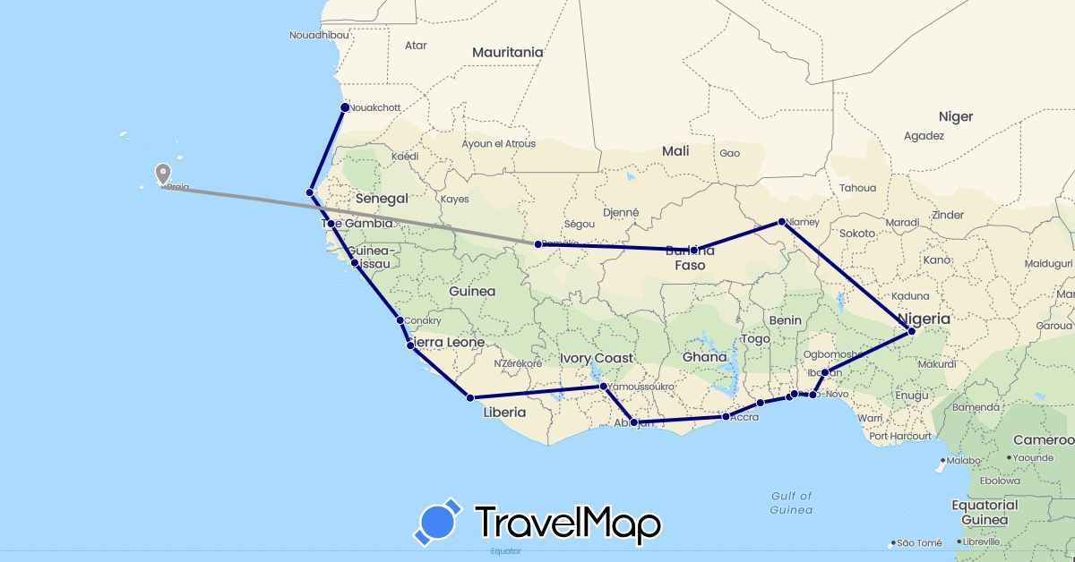 TravelMap itinerary: driving, plane in Burkina Faso, Benin, Côte d'Ivoire, Cape Verde, Ghana, Gambia, Guinea, Guinea-Bissau, Liberia, Mali, Mauritania, Niger, Nigeria, Sierra Leone, Senegal, Togo (Africa)