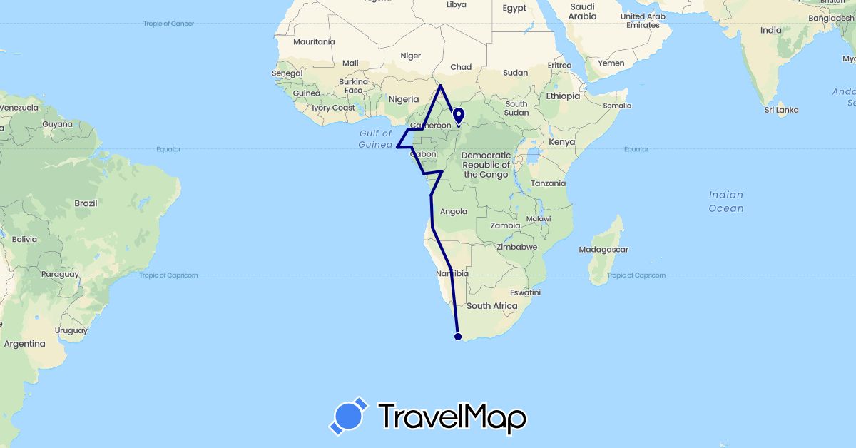 TravelMap itinerary: driving in Angola, Democratic Republic of the Congo, Central African Republic, Republic of the Congo, Cameroon, Gabon, Equatorial Guinea, Namibia, São Tomé and Príncipe, Chad, South Africa (Africa)