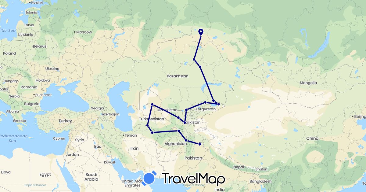 TravelMap itinerary: driving in Afghanistan, Iran, Kyrgyzstan, Kazakhstan, Pakistan, Russia, Tajikistan, Turkmenistan, Uzbekistan (Asia, Europe)