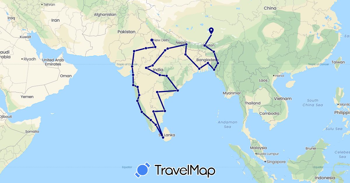 TravelMap itinerary: driving in Bangladesh, Bhutan, China, India, Sri Lanka, Nepal (Asia)