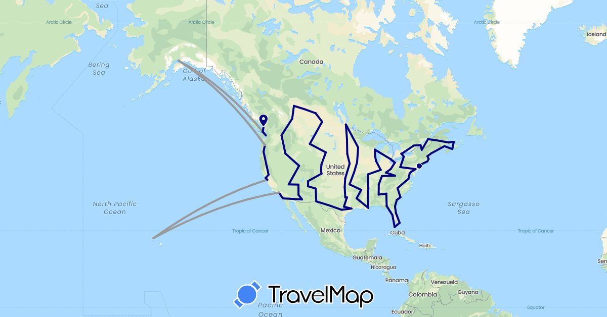 TravelMap itinerary: driving, plane in Canada, Mexico, United States (North America)