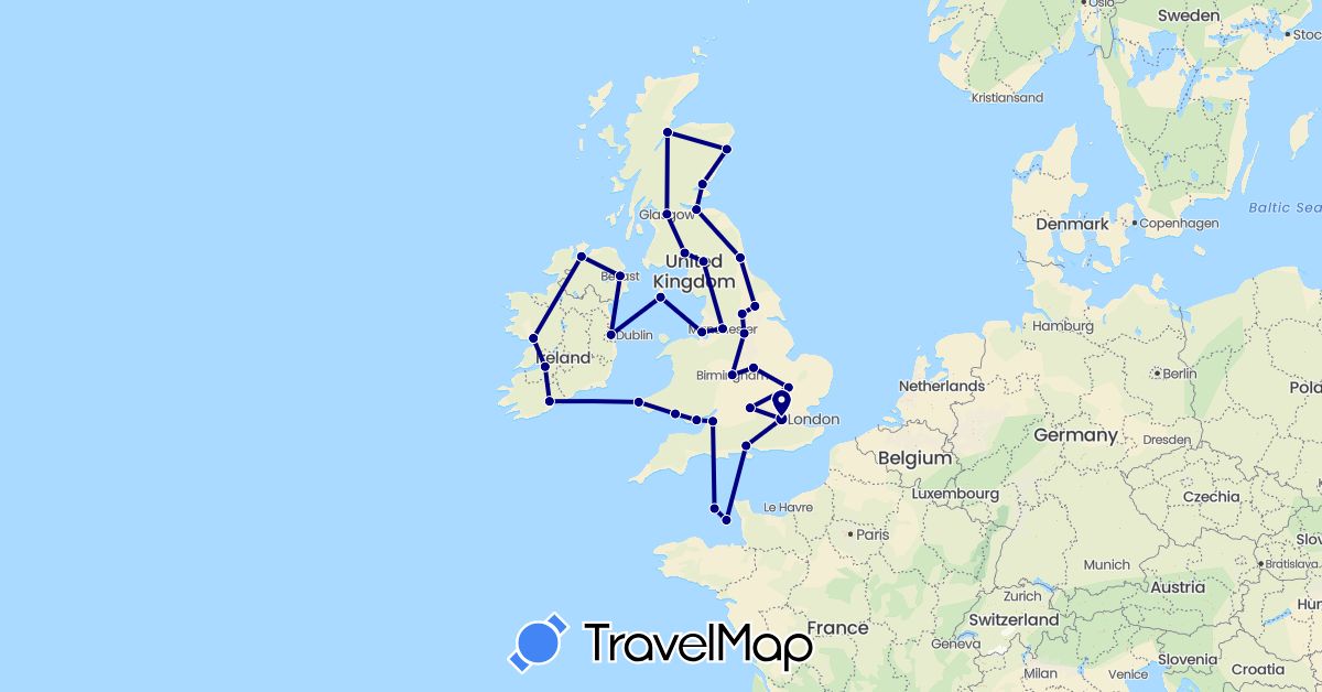 TravelMap itinerary: driving in United Kingdom, Guernsey, Ireland, Jersey (Europe)