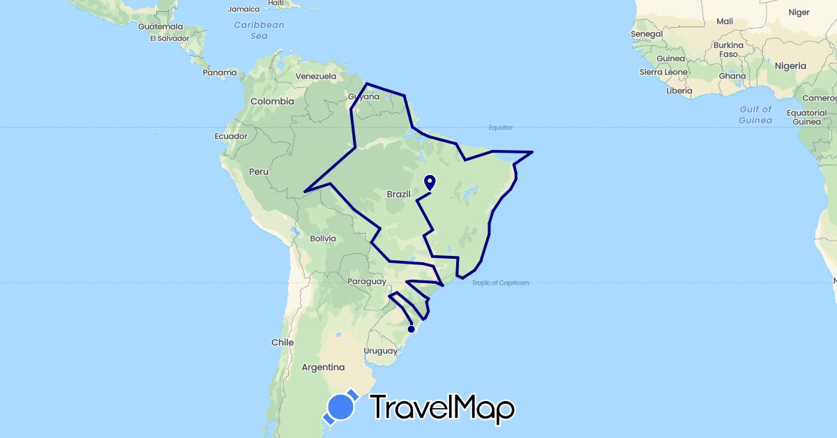 TravelMap itinerary: driving in Brazil, France, Guyana, Paraguay, Suriname (Europe, South America)