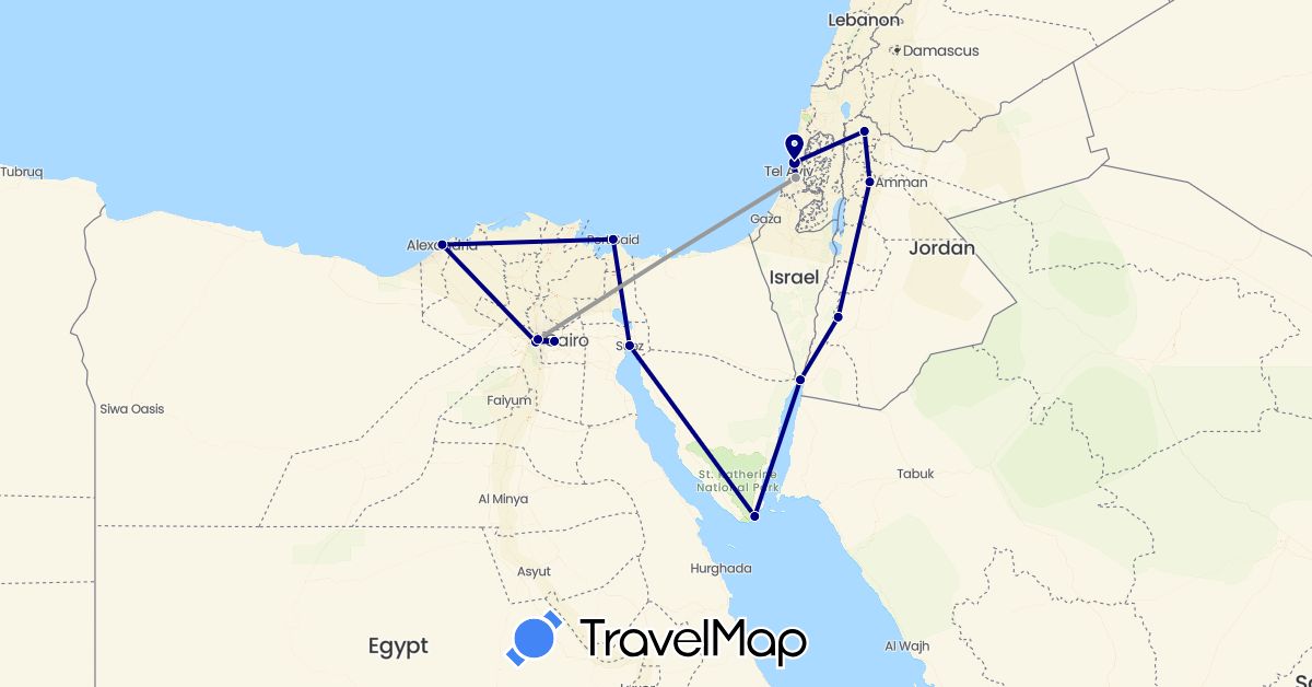 TravelMap itinerary: driving, plane in Egypt, Israel, Jordan (Africa, Asia)