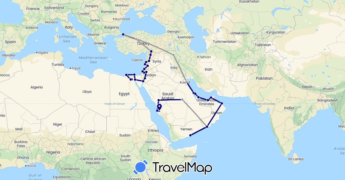 TravelMap itinerary: driving, plane in United Arab Emirates, Bahrain, Egypt, Israel, Iraq, Jordan, Kuwait, Lebanon, Oman, Qatar, Saudi Arabia, Syria, Turkey, Yemen (Africa, Asia)