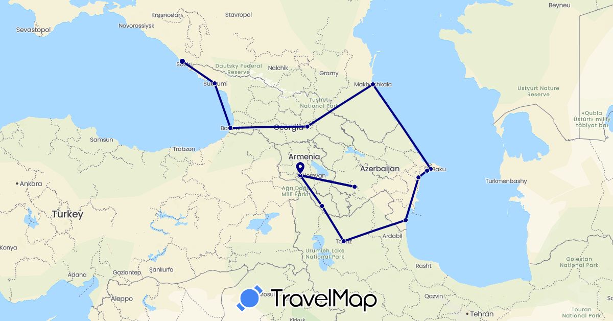 TravelMap itinerary: driving in Armenia, Azerbaijan, Georgia, Iran, Russia (Asia, Europe)