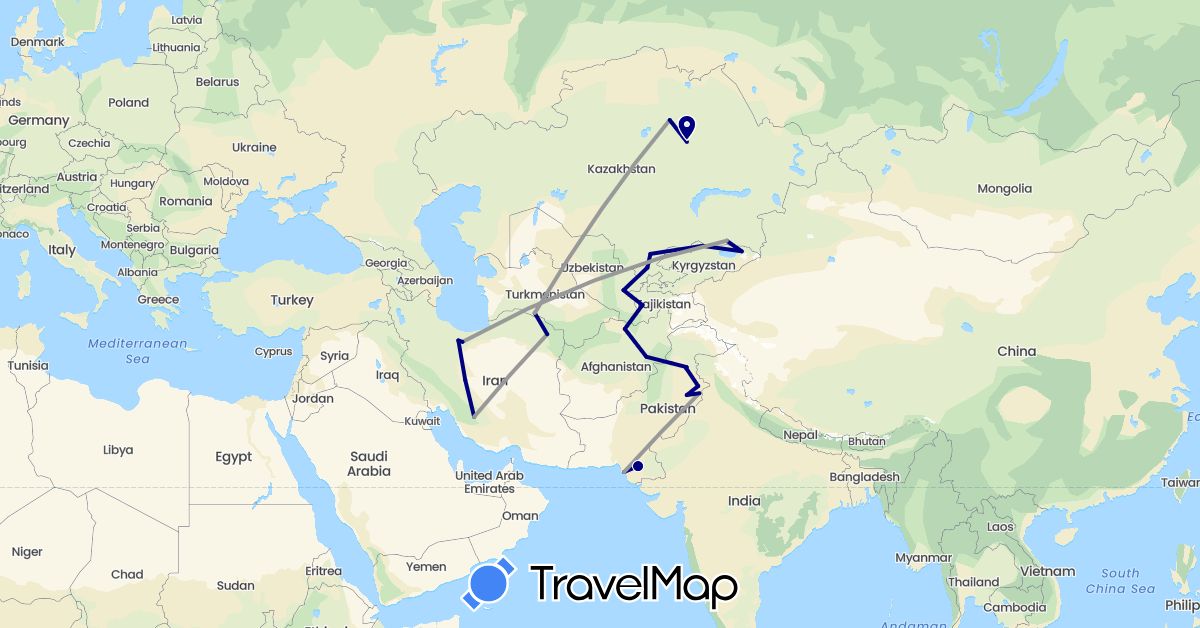TravelMap itinerary: driving, plane in Afghanistan, Iran, Kyrgyzstan, Kazakhstan, Pakistan, Tajikistan, Turkmenistan, Uzbekistan (Asia)