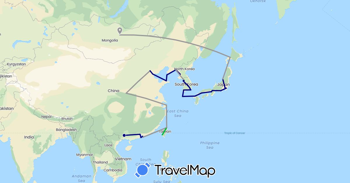 TravelMap itinerary: driving, bus, plane in China, Japan, North Korea, South Korea, Mongolia, Taiwan (Asia)