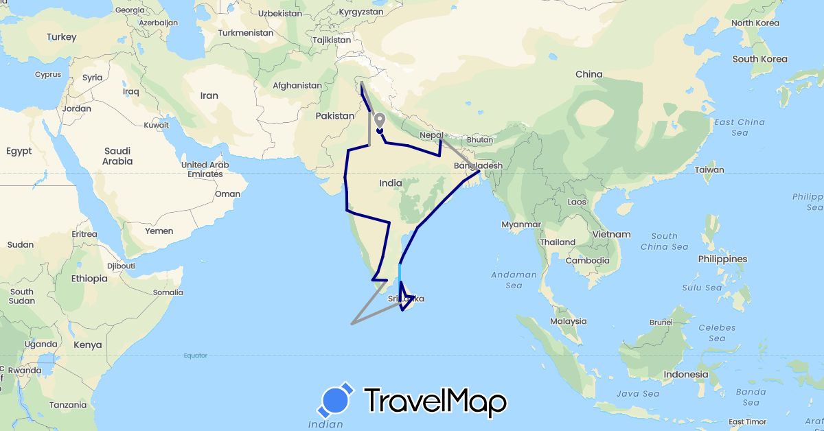 TravelMap itinerary: driving, plane, boat in Bangladesh, India, Sri Lanka, Maldives, Nepal (Asia)