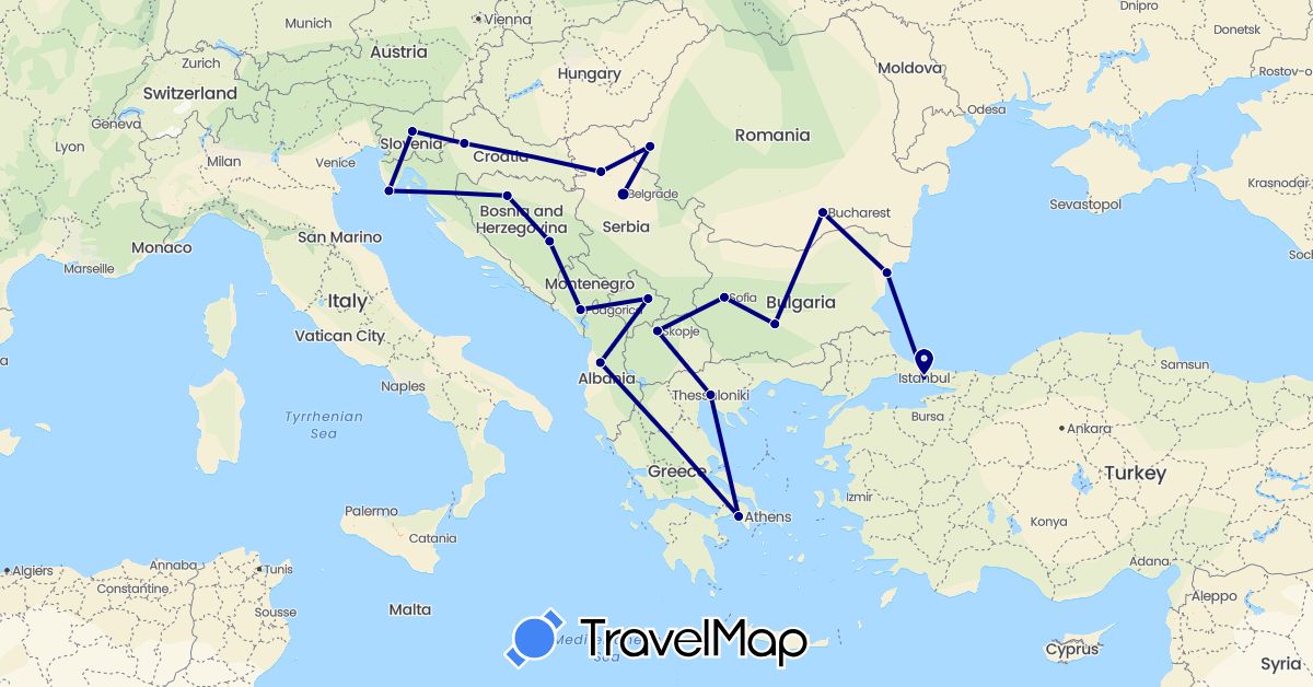 TravelMap itinerary: driving in Albania, Bosnia and Herzegovina, Bulgaria, Greece, Croatia, Montenegro, Macedonia, Romania, Serbia, Slovenia, Turkey, Kosovo (Asia, Europe)