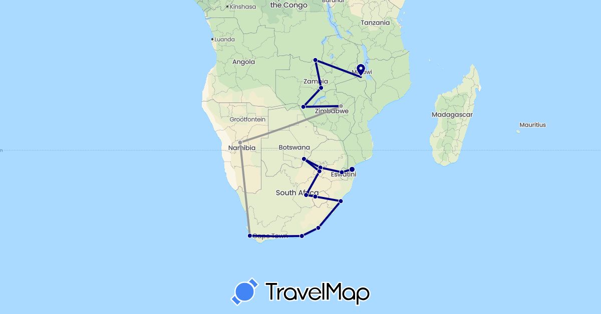 TravelMap itinerary: driving, plane in Botswana, Democratic Republic of the Congo, Lesotho, Malawi, Mozambique, Namibia, Swaziland, South Africa, Zambia, Zimbabwe (Africa)
