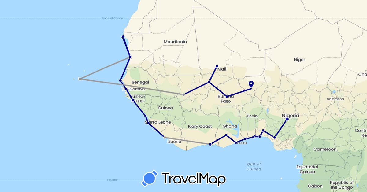 TravelMap itinerary: driving, plane in Burkina Faso, Benin, Côte d'Ivoire, Cape Verde, Western Sahara, Ghana, Gambia, Guinea, Guinea-Bissau, Liberia, Mali, Mauritania, Niger, Nigeria, Sierra Leone, Senegal, Togo (Africa)