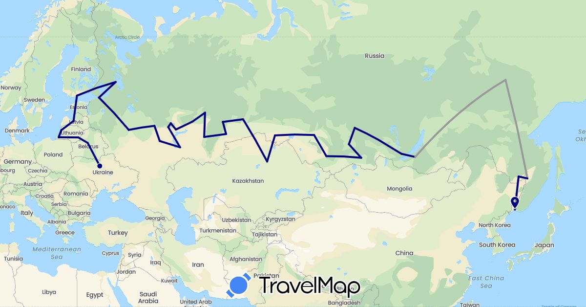 TravelMap itinerary: driving, plane in Belarus, Estonia, Finland, Kazakhstan, Lithuania, Latvia, Russia, Ukraine (Asia, Europe)