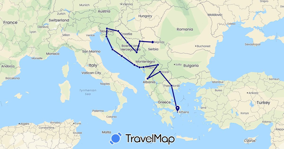 TravelMap itinerary: driving in Albania, Bosnia and Herzegovina, Greece, Croatia, Montenegro, Macedonia, Serbia, Slovenia, Kosovo (Europe)