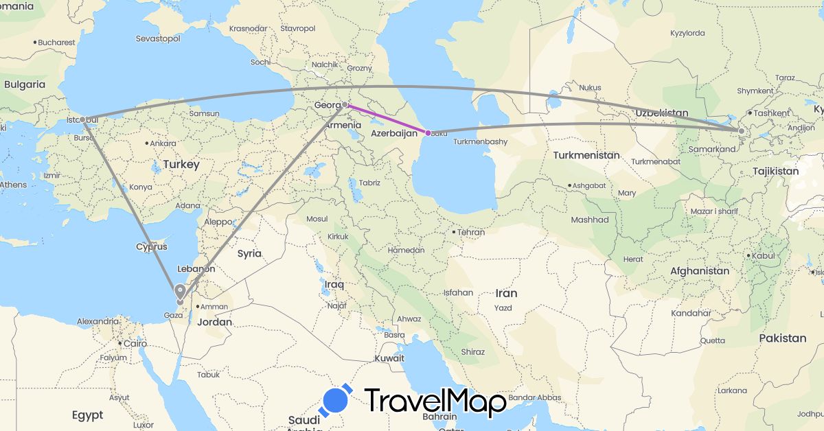 TravelMap itinerary: driving, plane, train in Azerbaijan, Georgia, Israel, Turkey, Uzbekistan (Asia)