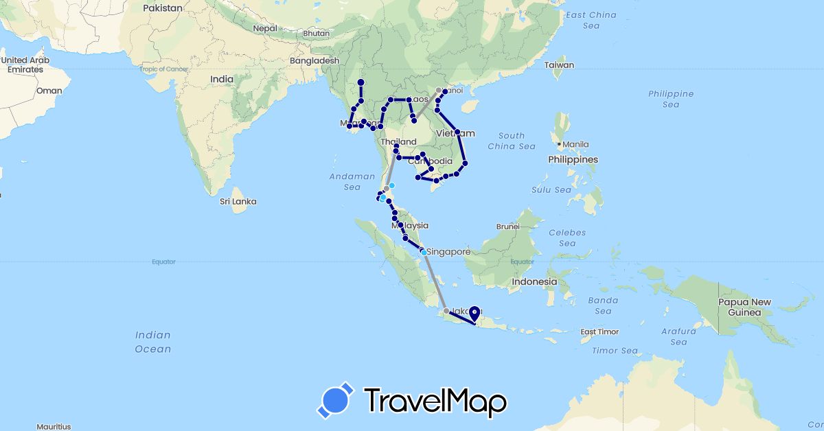 TravelMap itinerary: driving, plane, boat in Indonesia, Cambodia, Laos, Myanmar (Burma), Malaysia, Singapore, Thailand, Vietnam (Asia)