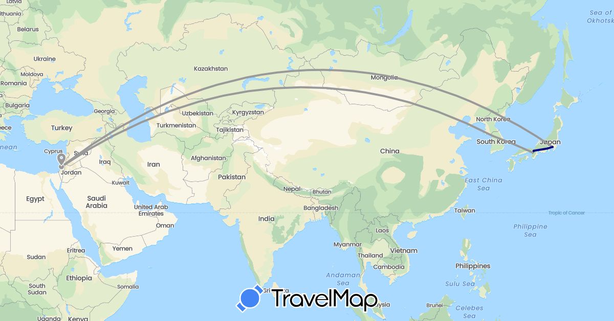 TravelMap itinerary: driving, plane in Israel, Japan, South Korea (Asia)