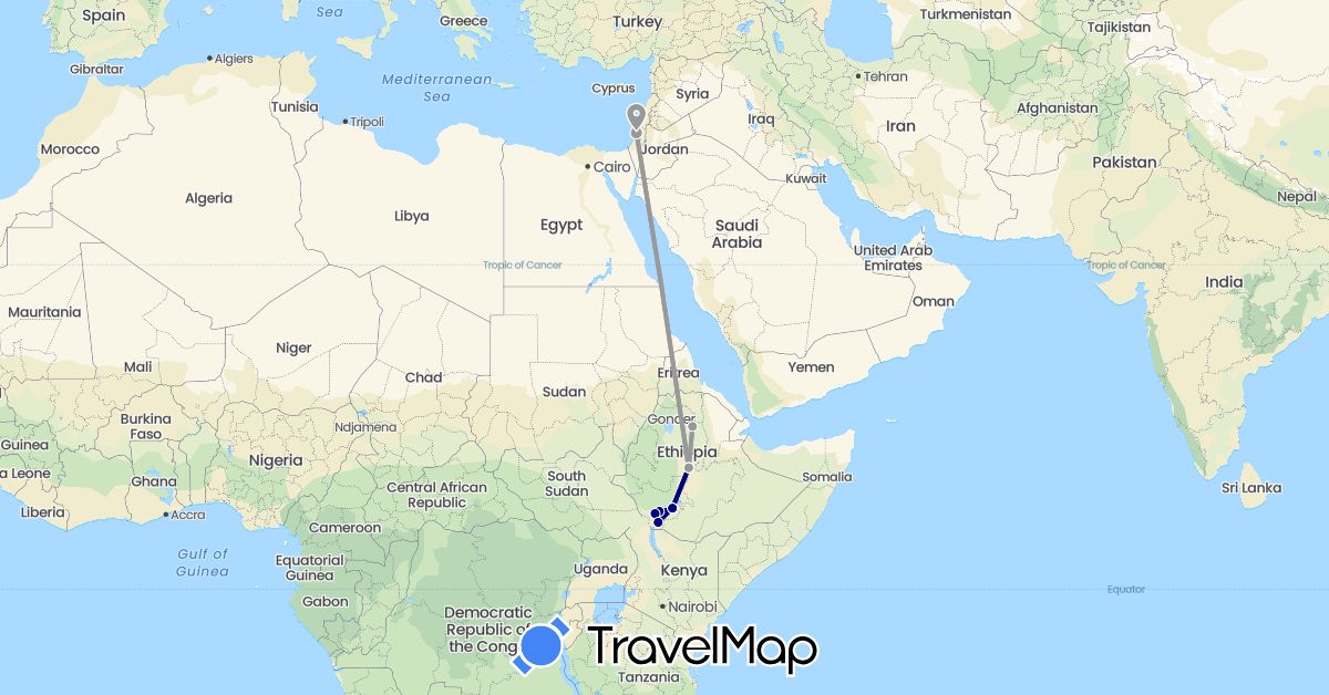 TravelMap itinerary: driving, plane in Ethiopia, Israel (Africa, Asia)