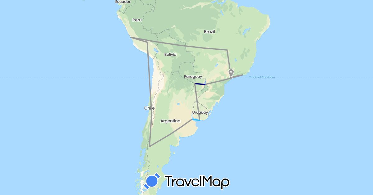 TravelMap itinerary: driving, plane, boat in Argentina, Brazil, Chile, Peru, Paraguay, Uruguay (South America)