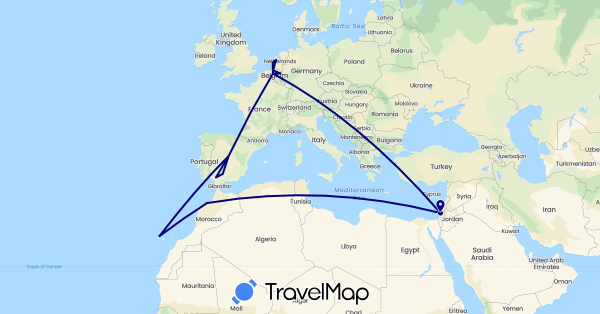 TravelMap itinerary: driving in Belgium, Spain, Israel, Morocco, Netherlands (Africa, Asia, Europe)