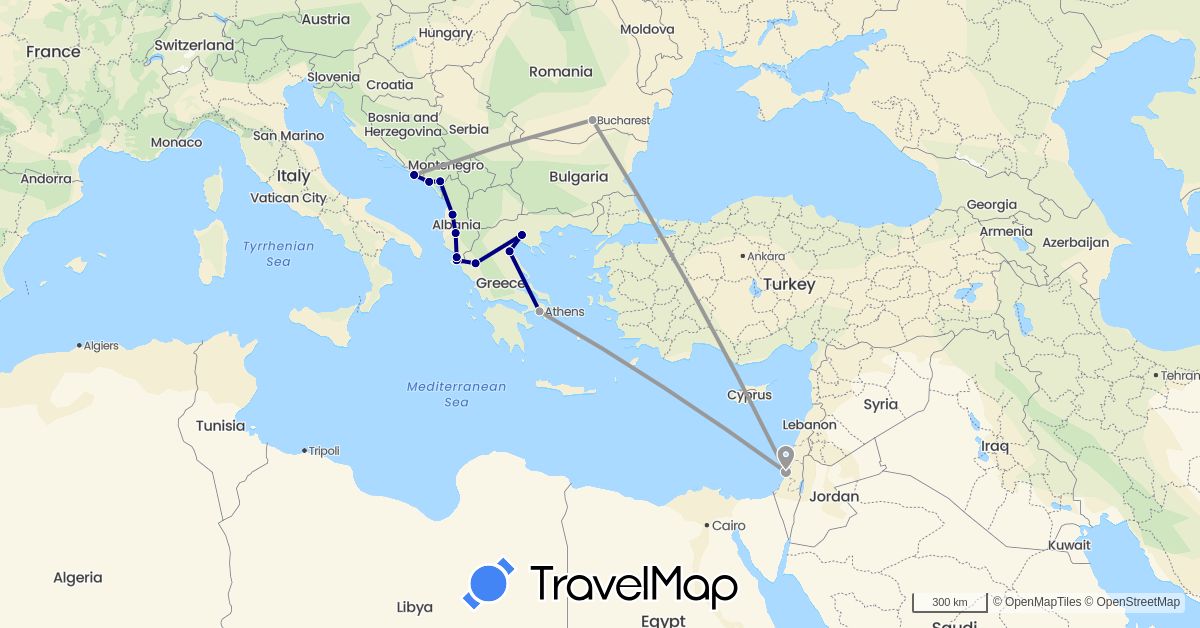 TravelMap itinerary: driving, plane in Albania, Greece, Croatia, Israel, Montenegro, Romania (Asia, Europe)